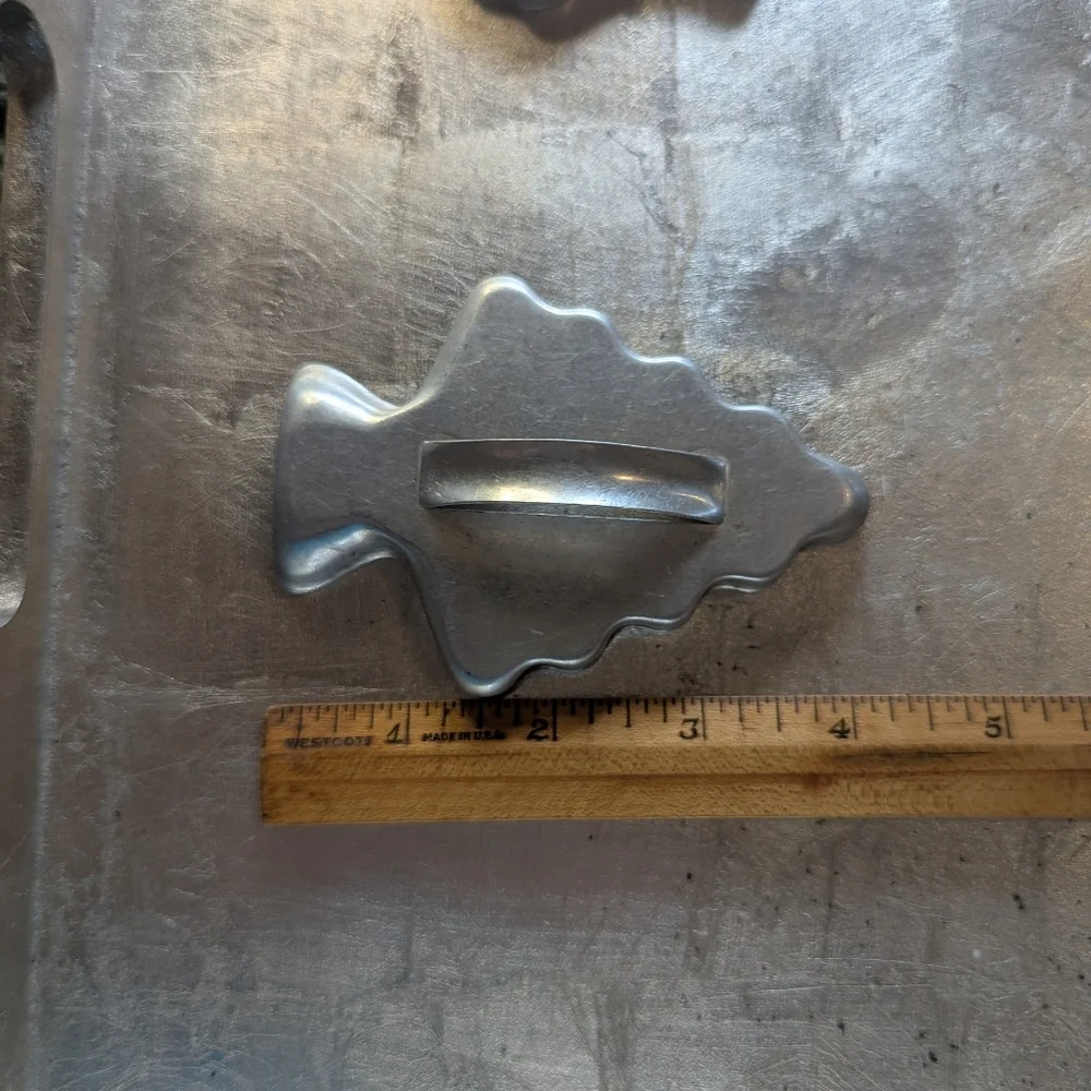 Vintage 1950's Aluminum Cookie Cutters Set 2 Santas,Bell, Lion Christmas Tree